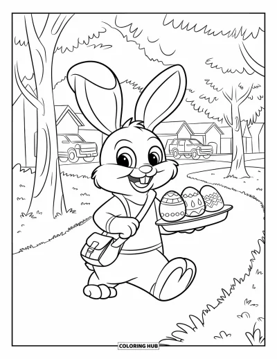 Coloriage de lapin de Pâques pour enfants : Un lapin facteur marche sur un chemin bordé d’arbres, transportant des œufs décorés dans un petit sac