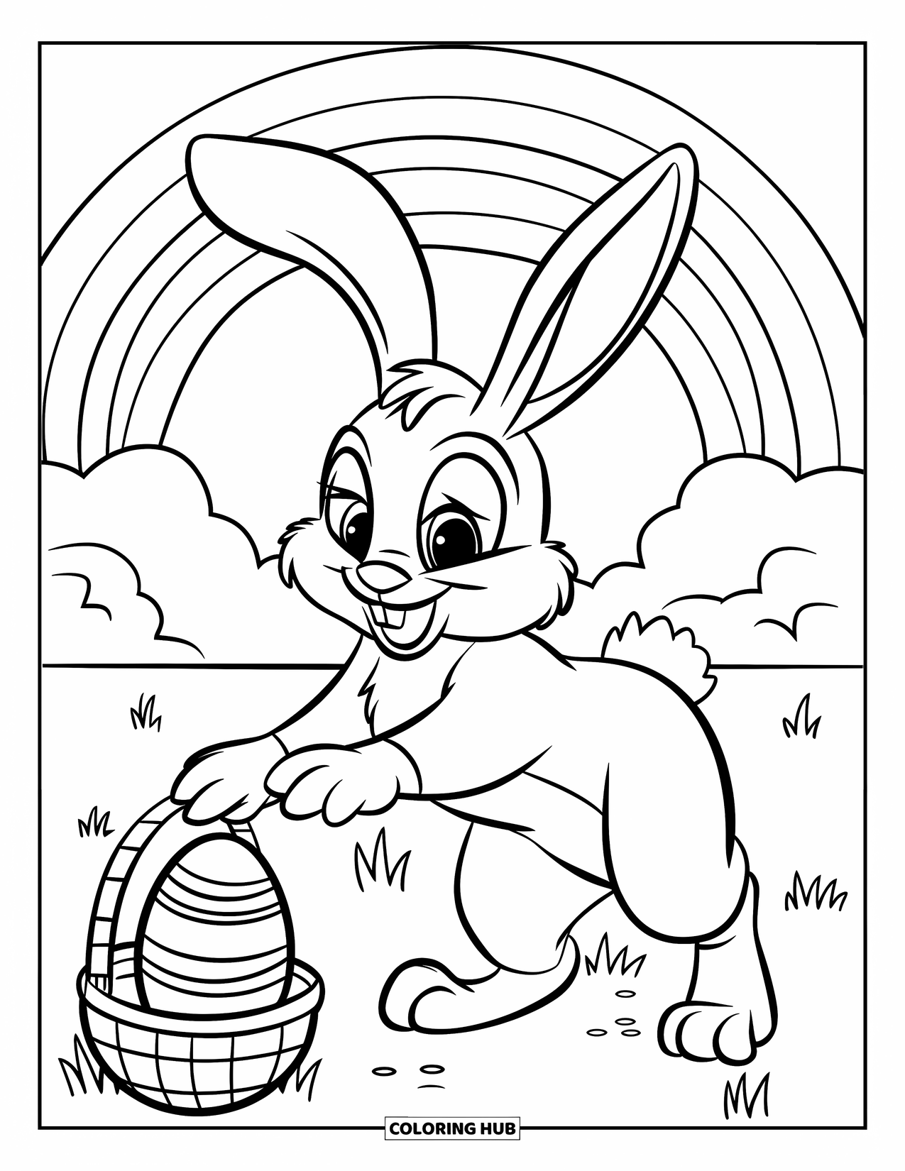 Desenho de Coelho da Páscoa para colorir para crianças: Um coelho alcança um ovo de Páscoa em um palito, com uma cesta e um arco-íris atrás dele
