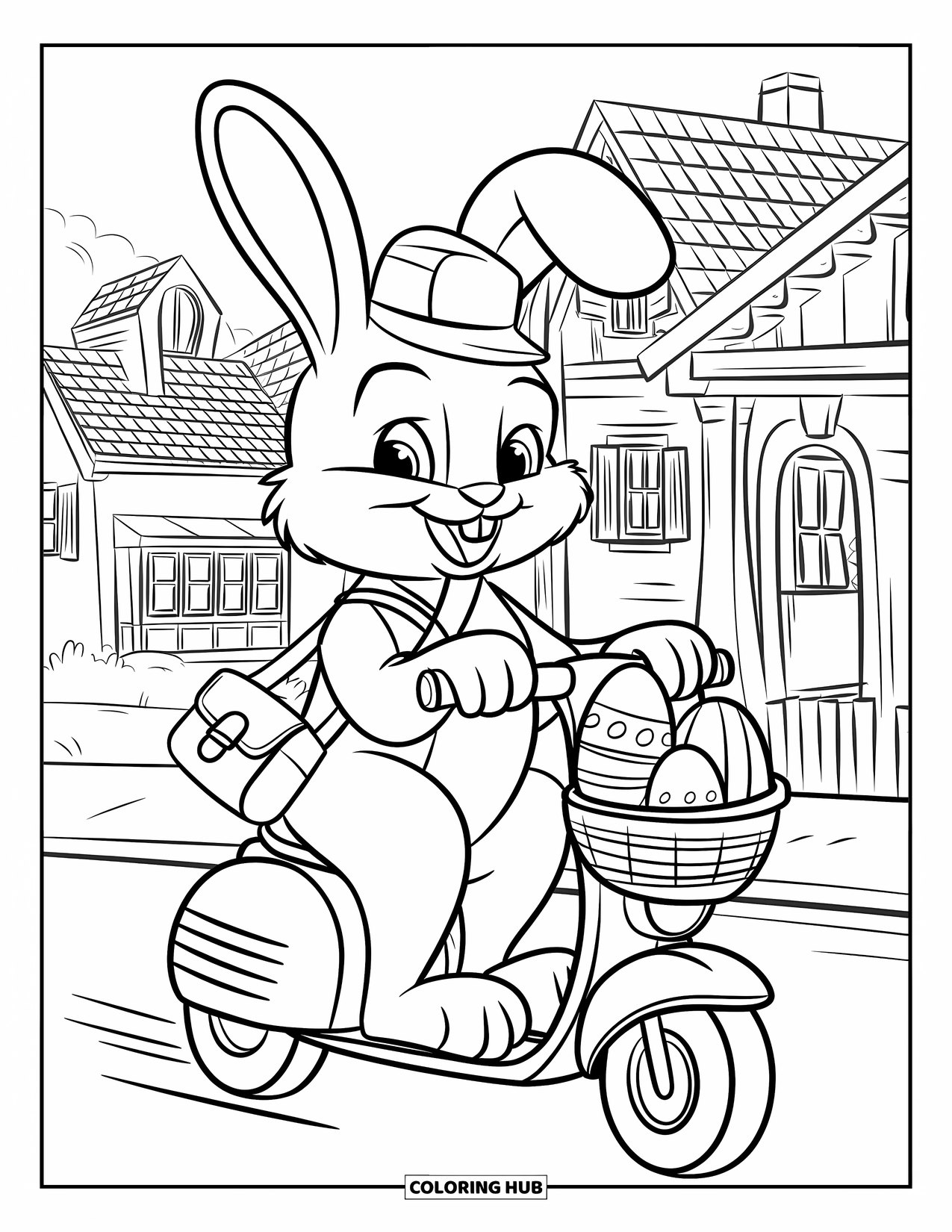 Desenho de Coelho da Páscoa para colorir para crianças: Um coelho anda de scooter, entregando ovos decorados de uma cesta em uma cidade pitoresca