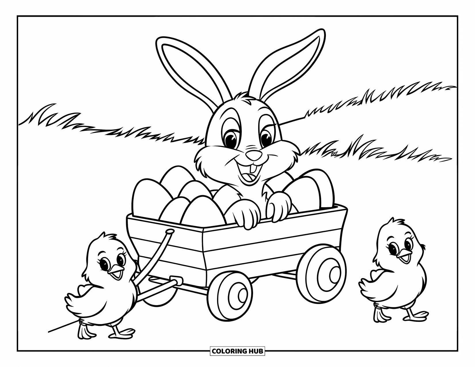 Desenho de Coelho da Páscoa para colorir para crianças: Um coelho anda em uma carroça cheia de ovos enquanto dois pequenos pintinhos a puxam por um campo
