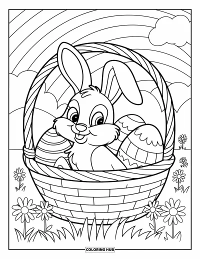 Coloriage de lapin de Pâques pour enfants : Un lapin est assis dans un panier sur un champ herbeux avec des marguerites, avec un arc-en-ciel en arrière-plan