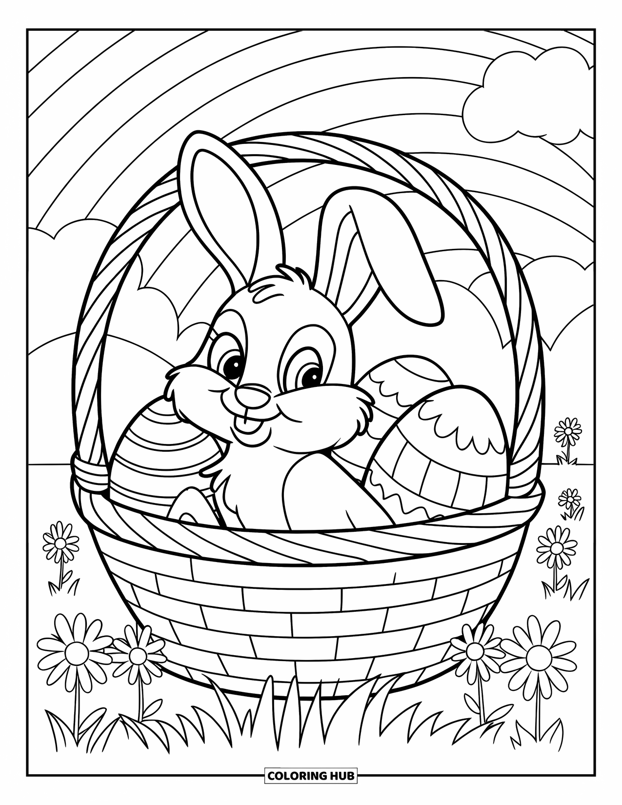 Desenho de Coelho da Páscoa para colorir para crianças: Um coelho está sentado em uma cesta em um campo gramado com margaridas, com um arco-íris ao fundo