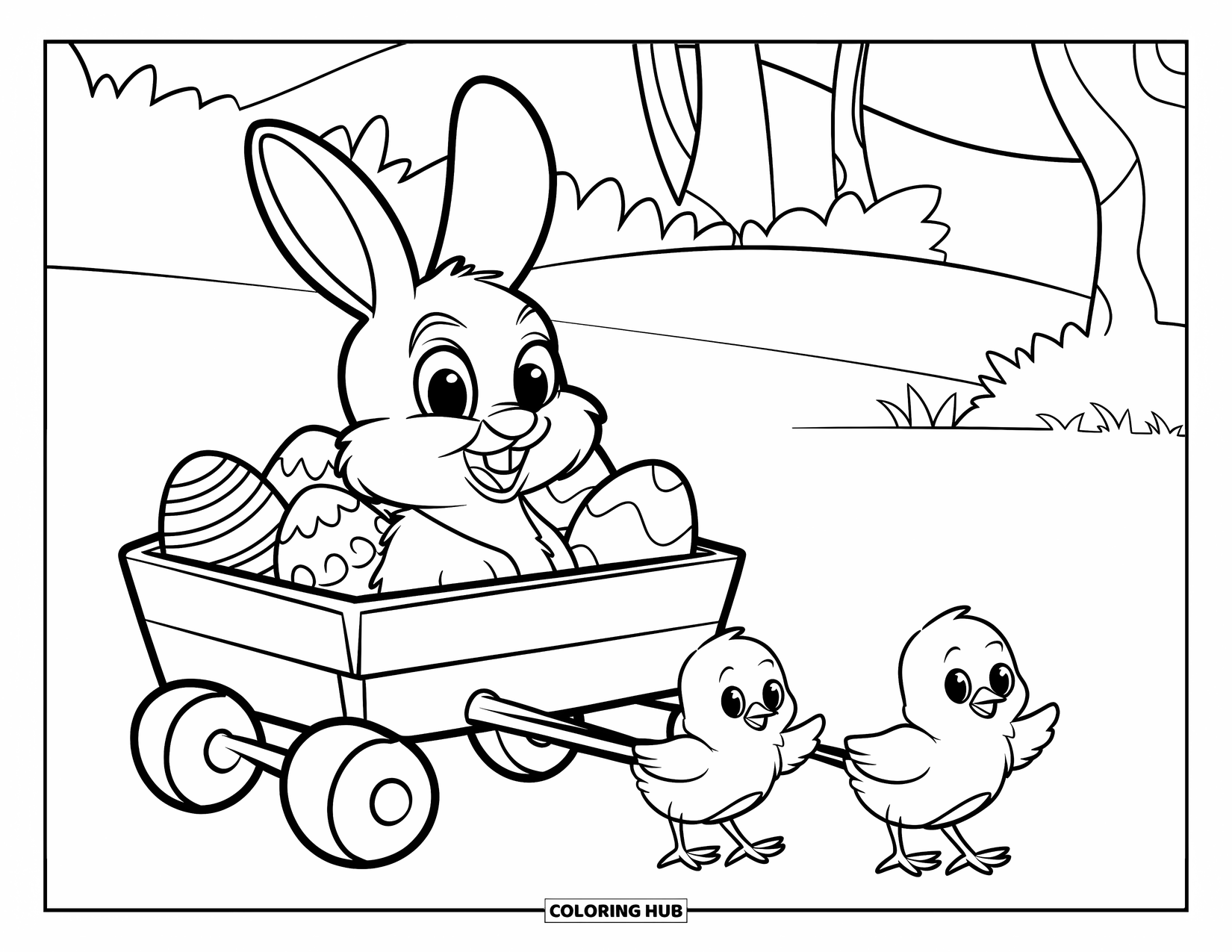 Desenho de Coelho da Páscoa para colorir para crianças: Um coelho está sentado dentro de uma carroça cheia de ovos de Páscoa, puxada por dois pintinhos minúsculos