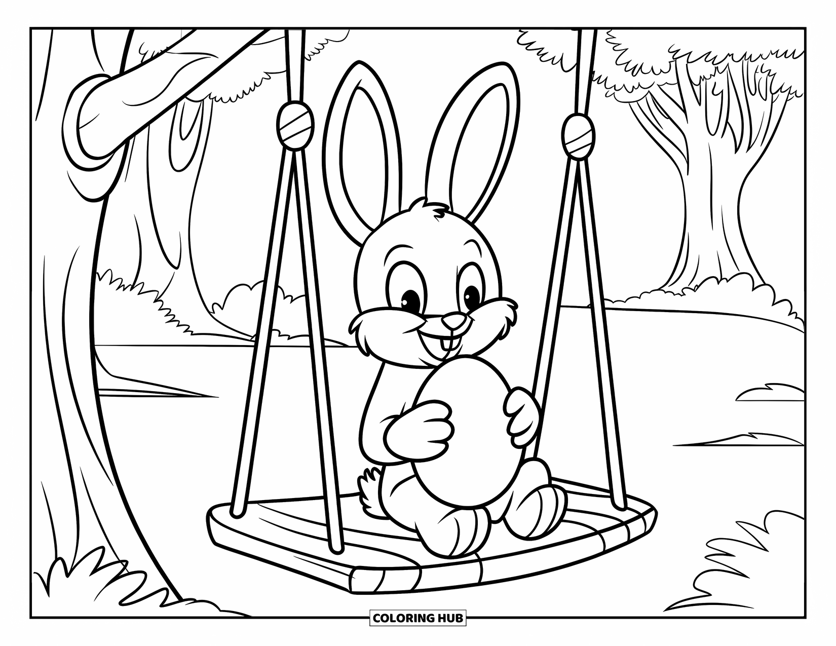Desenho de Coelho da Páscoa para colorir para crianças: Um coelho está sentado em um balanço, embalando um ovo enquanto balança sob as árvores