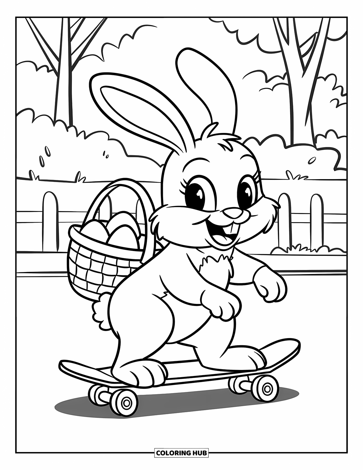 Desenho de Coelho da Páscoa para colorir para crianças: Um coelho acelera em um skate, carregando uma cesta de ovos enquanto passa por árvores e uma cerca