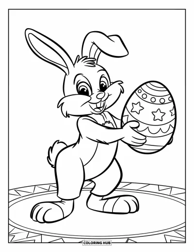 Coloriage de lapin de Pâques pour enfants : Un lapin se tient sur une plateforme, tenant un grand œuf décoré d’étoiles et de spirales