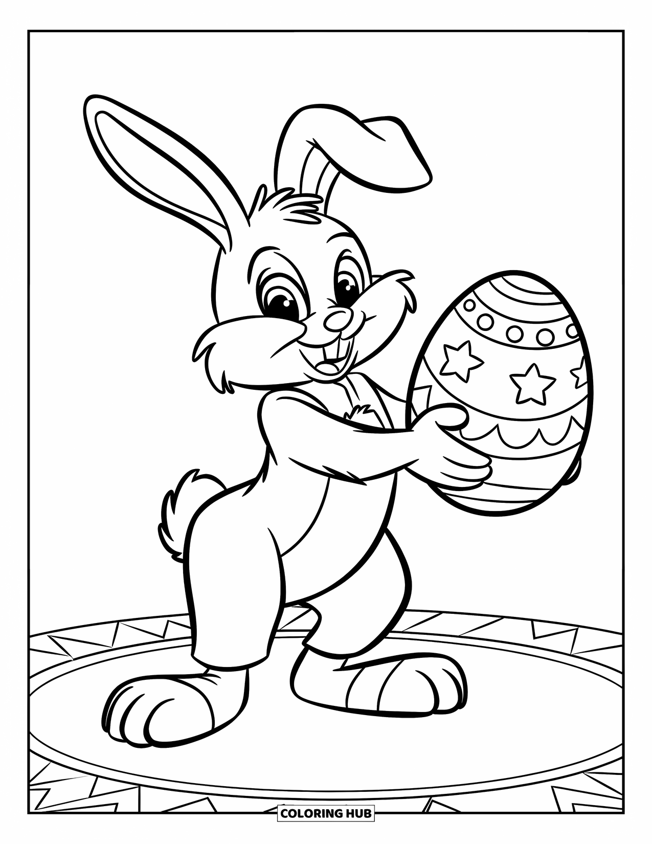 Desenho de Coelho da Páscoa para colorir para crianças: Um coelho está em pé em uma plataforma, segurando um ovo grande decorado com estrelas e espirais