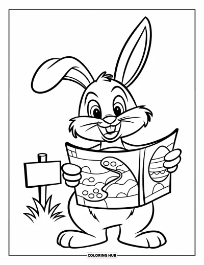 Coloriage de lapin de Pâques pour enfants : Un lapin étudie une carte, à la recherche d’un œuf caché avec un panneau à proximité