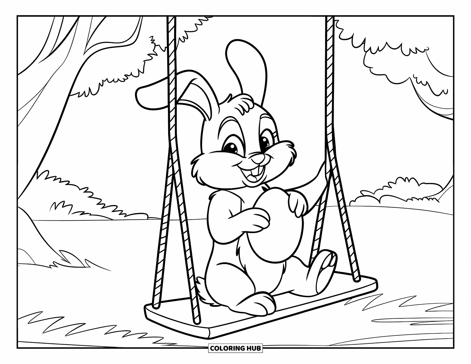 Desenho de Coelho da Páscoa para colorir para crianças: Um coelho balança em um balanço, segurando um ovo com ambas as patas em um ambiente tranquilo