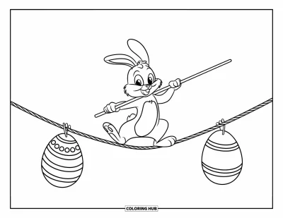 Coloriage de lapin de Pâques pour enfants : Un lapin marche sur un fil, gardant l’équilibre avec une perche tandis que des œufs pendent à chaque extrémité