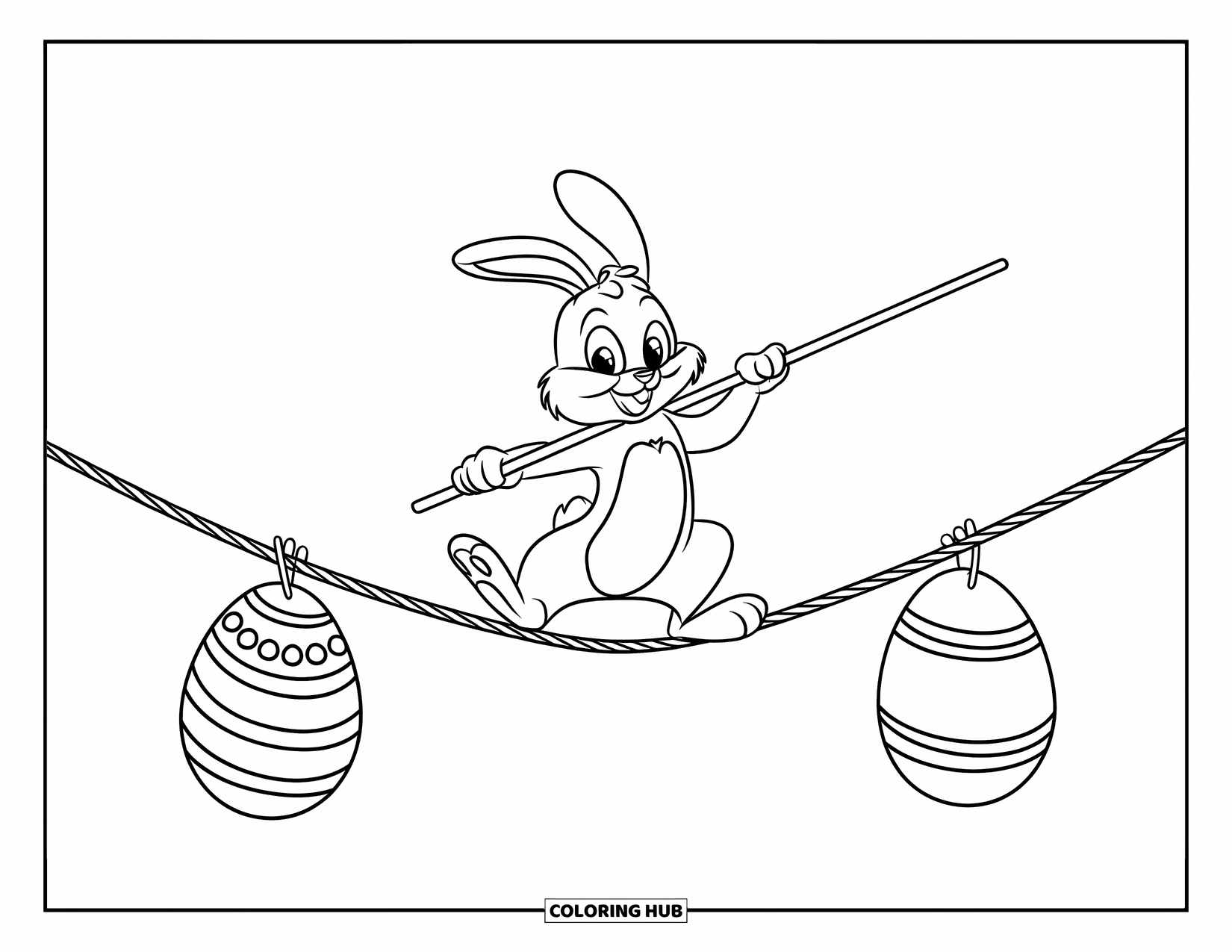 Desenho de Coelho da Páscoa para colorir para crianças: Um coelho caminha em uma corda bamba, mantendo o equilíbrio com um bastão enquanto ovos pendem de cada extremidade
