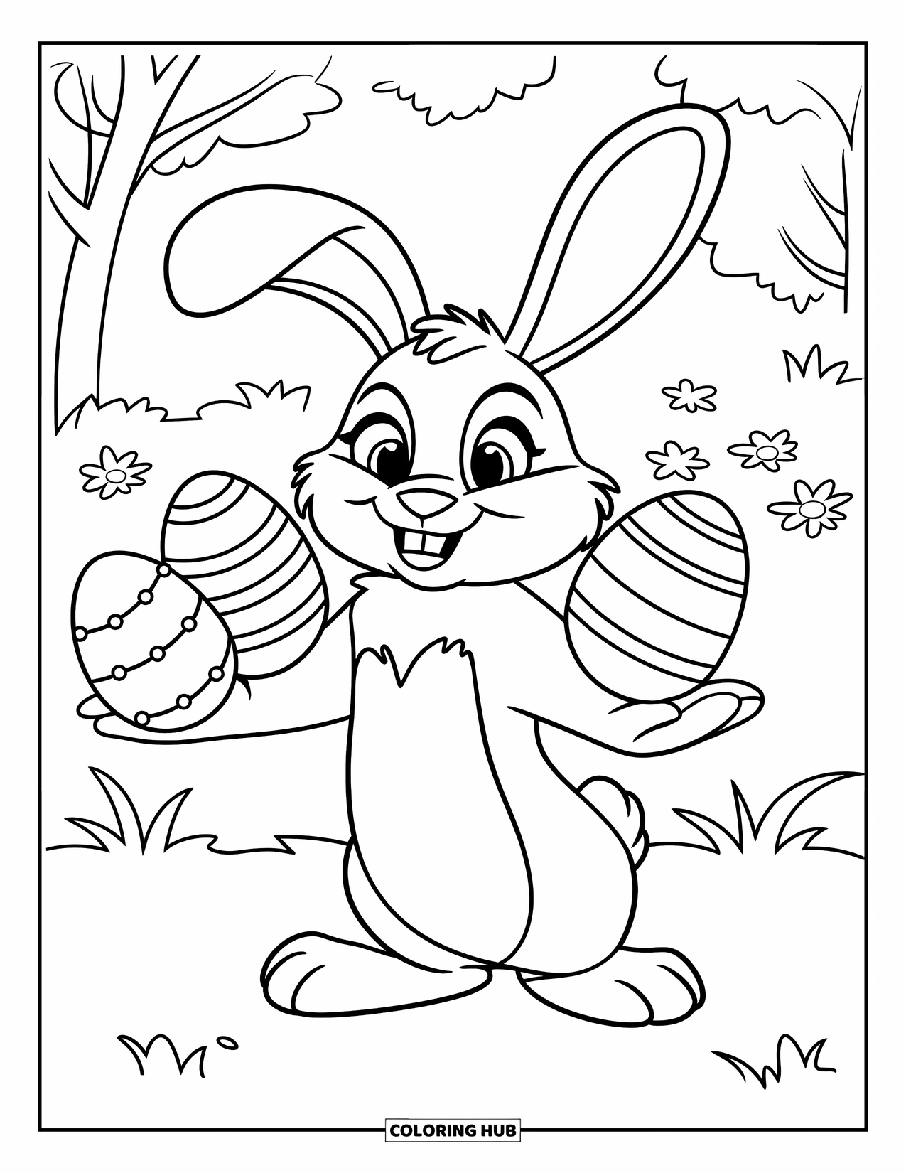 Desenho de Coelho da Páscoa para colorir para crianças: Um coelho com uma expressão fofa tenta equilibrar três ovos enquanto está em pé em um campo gramado