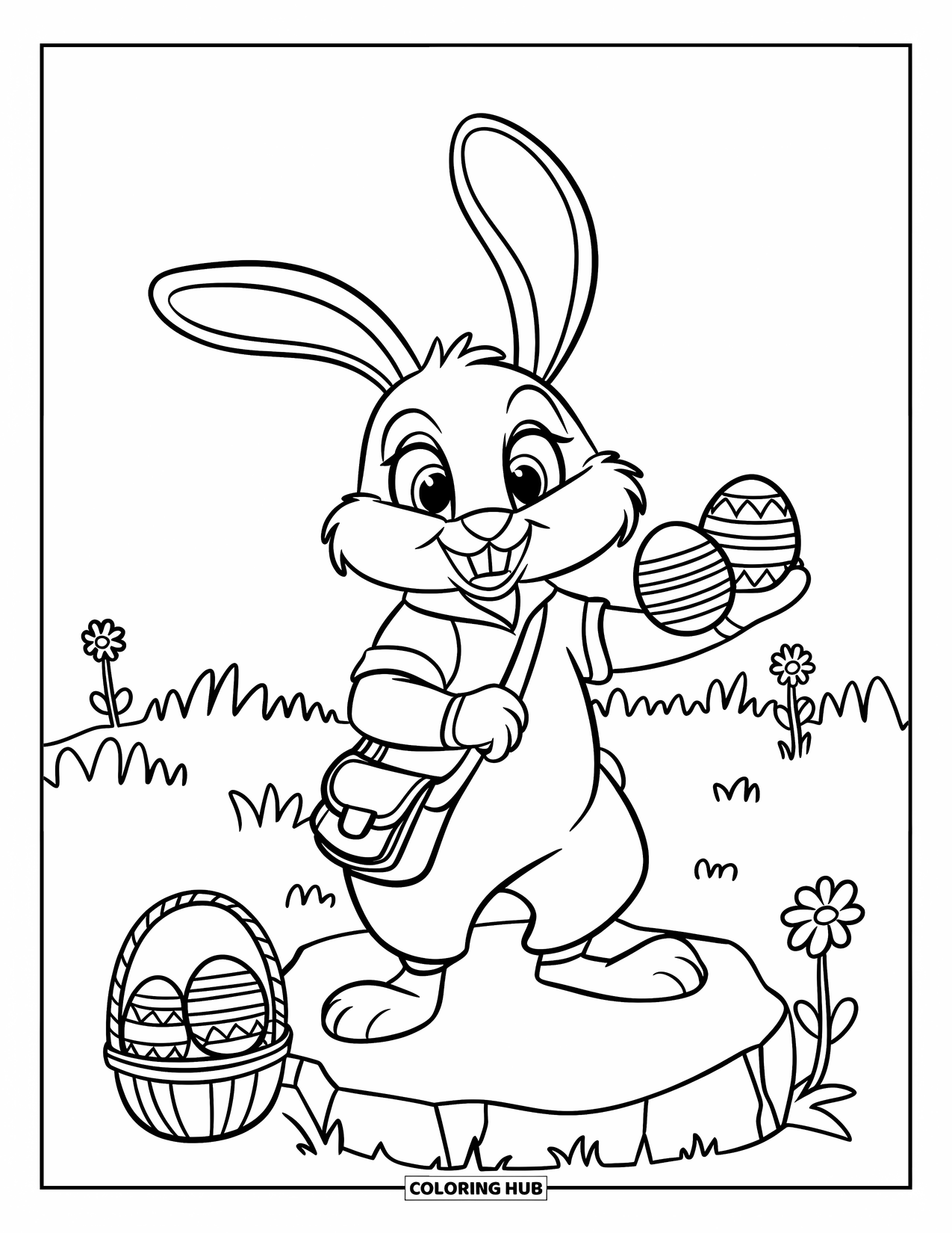 Desenho de Coelho da Páscoa para colorir para crianças: Um coelho com uma sacola de mensageiro está em pé sobre uma rocha, entregando ovos decorados em um campo exuberante
