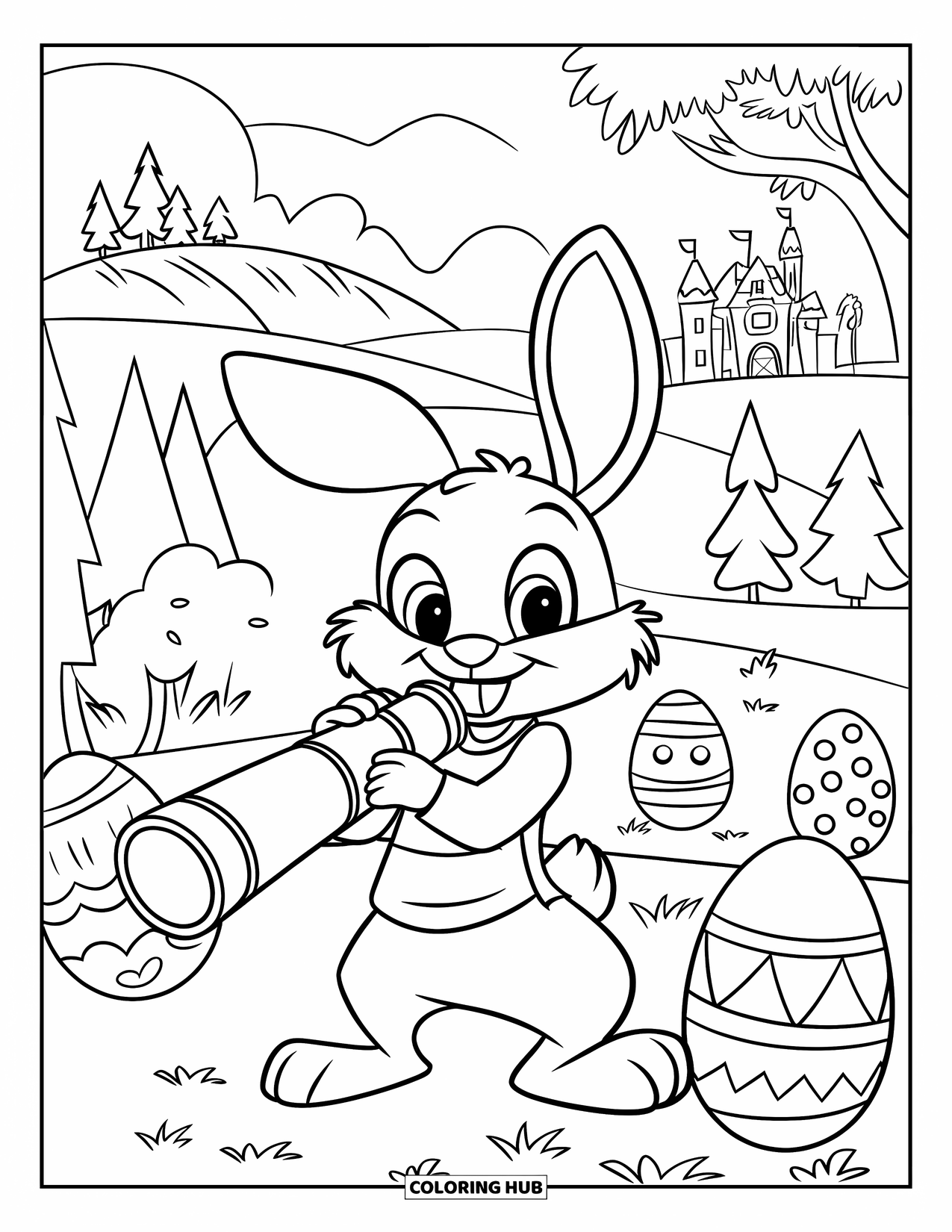 Desenho de Coelho da Páscoa para colorir para crianças: Um coelho com um telescópio examina a paisagem em busca de ovos de Páscoa, com um castelo ao fundo