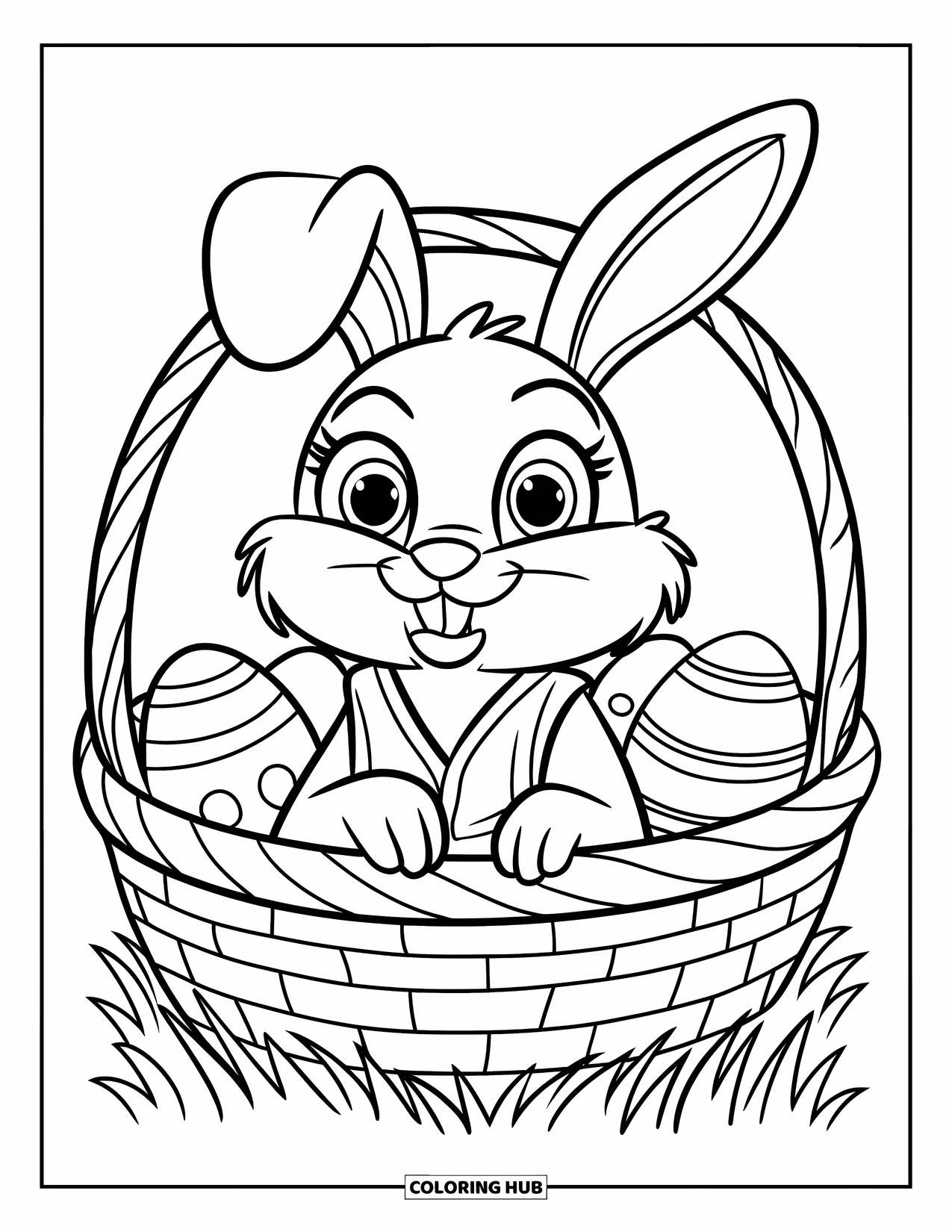 Desenho de Coelho da Páscoa para colorir para crianças: Um coelho com olhos grandes e curiosos está sentado em uma cesta usando um colete, cercado por ovos