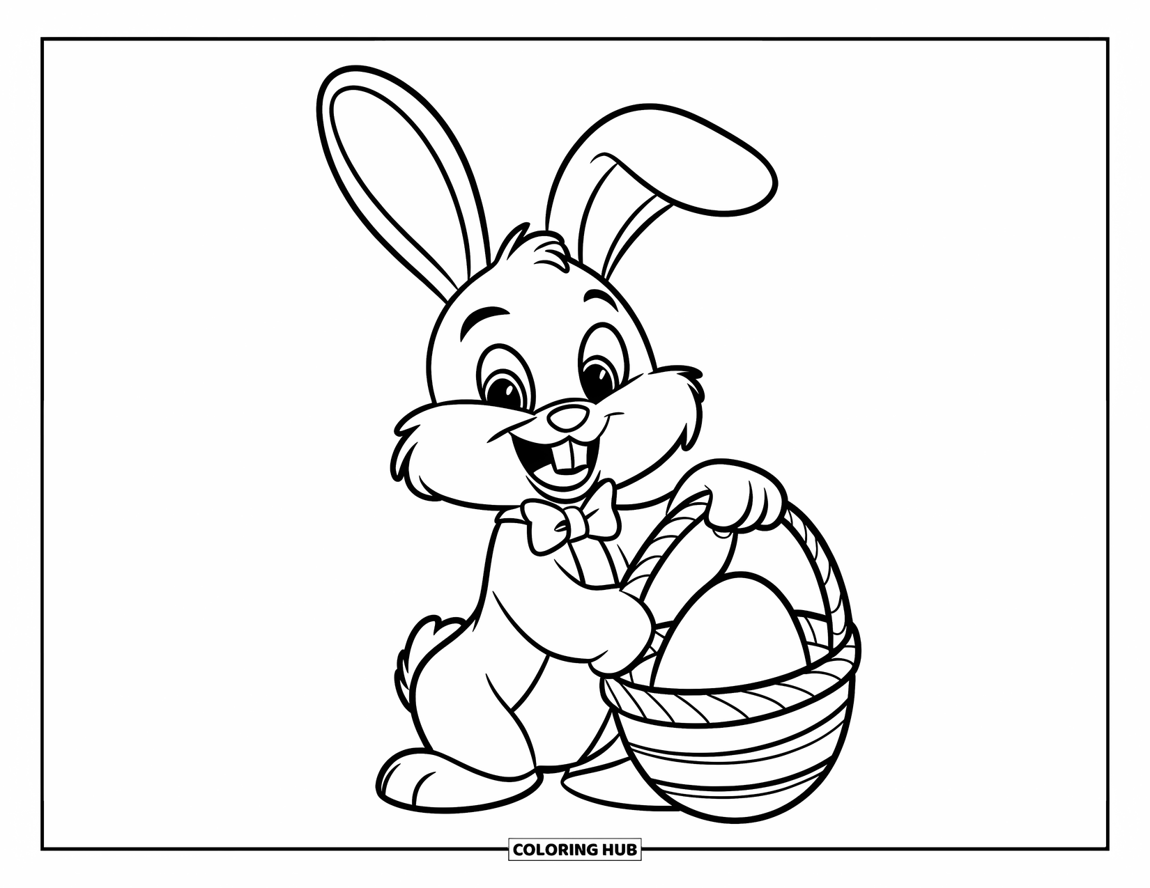 Desenho de Coelho da Páscoa para colorir para crianças: Um coelho com orelhas grandes e um sorriso divertido segura uma cesta com um ovo grande dentro
