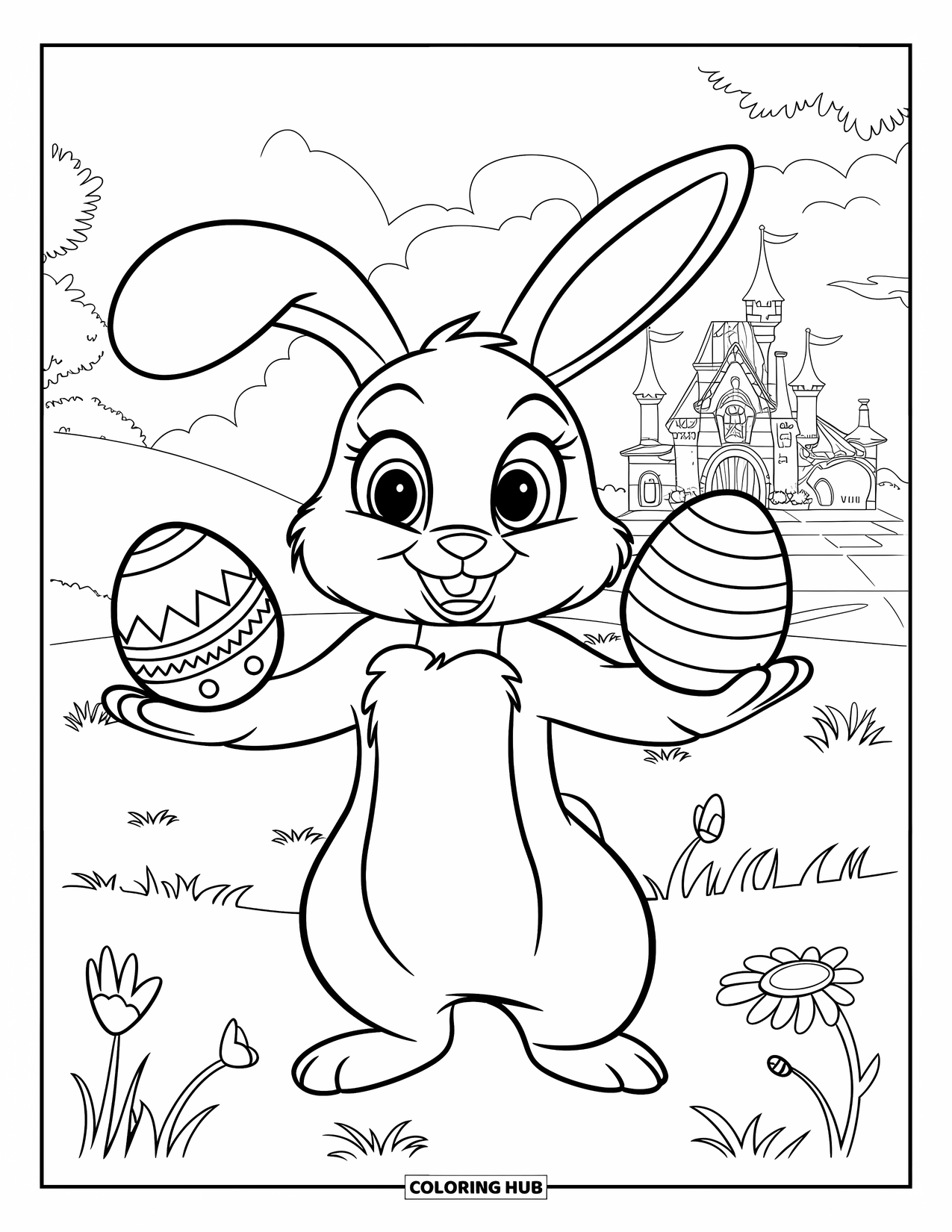Desenho de Coelho da Páscoa para colorir para crianças: Um coelho com olhos grandes equilibra três ovos em suas patas, com um castelo ao fundo