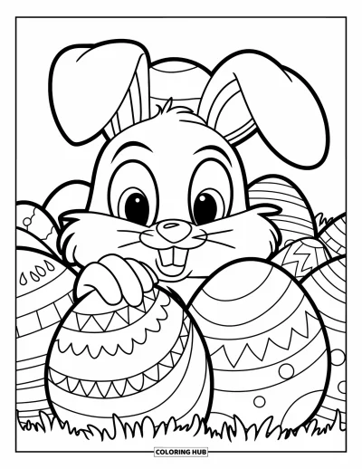 Coloriage de lapin de Pâques pour enfants : Un lapin aux longues oreilles et au chapeau se cache derrière des œufs, une patte posée sur un œuf à motifs