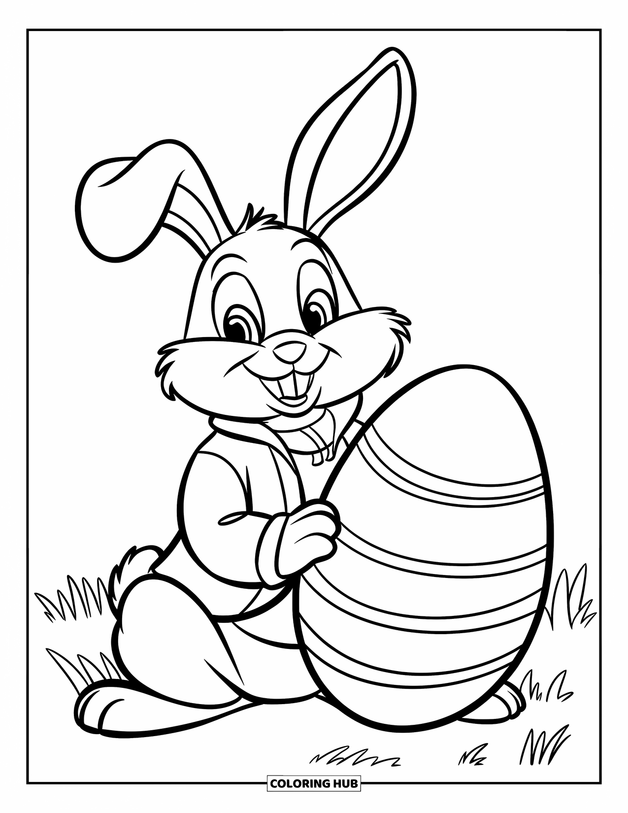 Desenho de Coelho da Páscoa para colorir para crianças: Um coelho com orelhas em pé está sentado em um campo gramado, embalando um ovo grande no colo