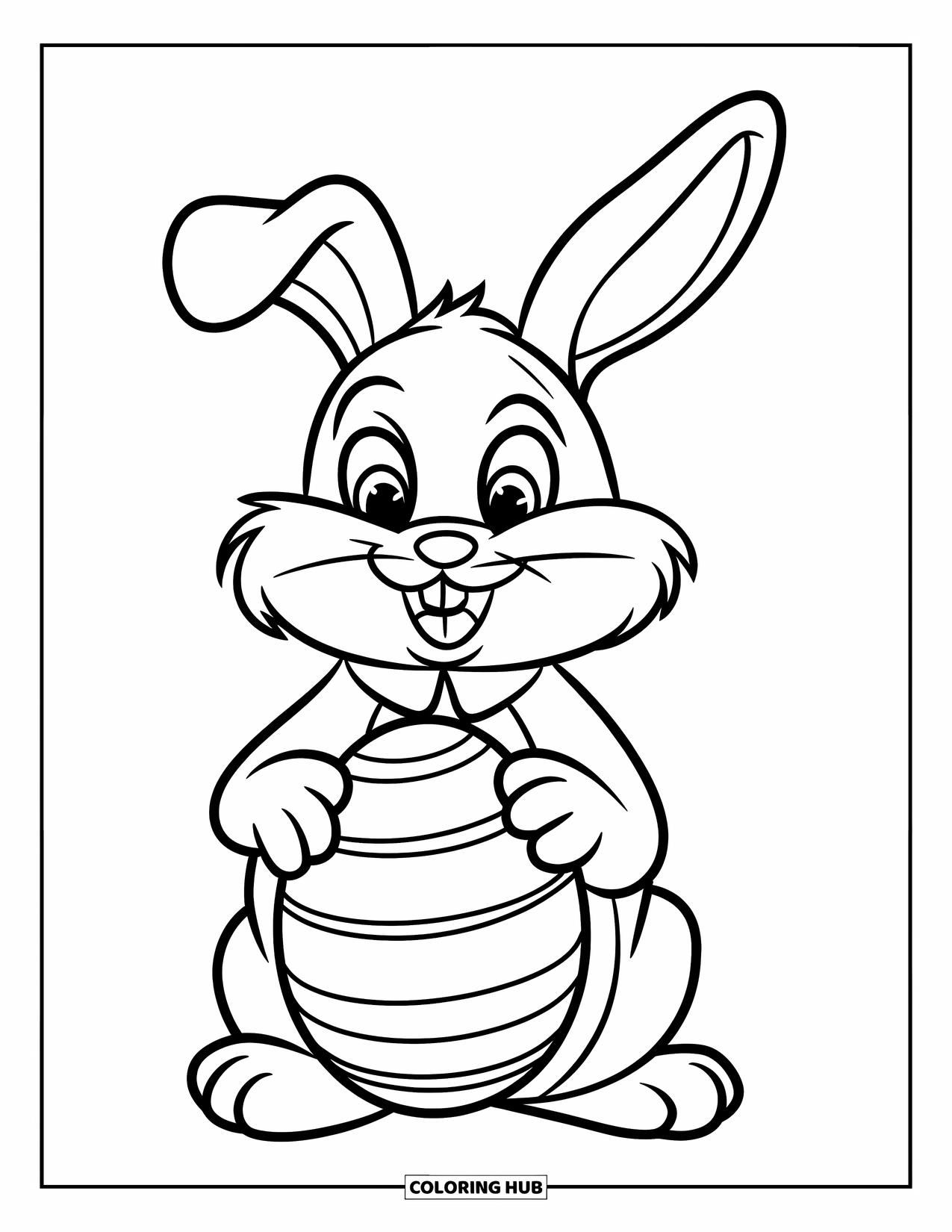 Desenho de Coelho da Páscoa para colorir para crianças: Um coelho gordinho com orelhas em pé está sentado com um ovo grande no colo, usando uma coleira
