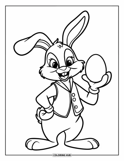 Coloriage de lapin de Pâques pour enfants : Un lapin de Pâques confiant en gilet tient un œuf comme un magicien prêt à révéler son tour