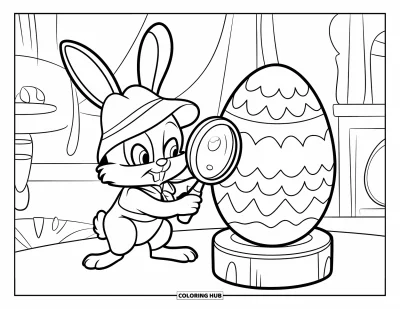Coloriage de lapin de Pâques pour enfants : Un lapin détective examine un grand œuf posé sur un support en bois, entouré de détails d’une pièce chaleureuse
