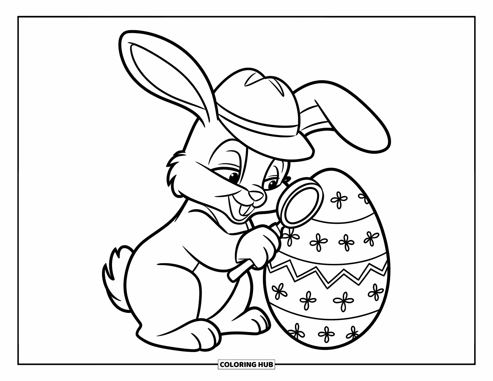 Desenho de Coelho da Páscoa para colorir para crianças: Um coelho detetive examina um ovo com uma lupa, procurando por desenhos escondidos