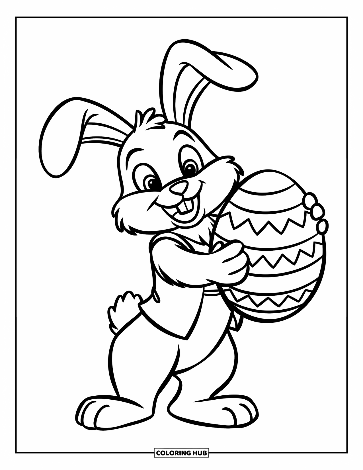 Desenho de Coelho da Páscoa para colorir para crianças: Um coelho amigável está em pé sobre as patas traseiras, segurando um ovo de Páscoa grande com um grande sorriso
