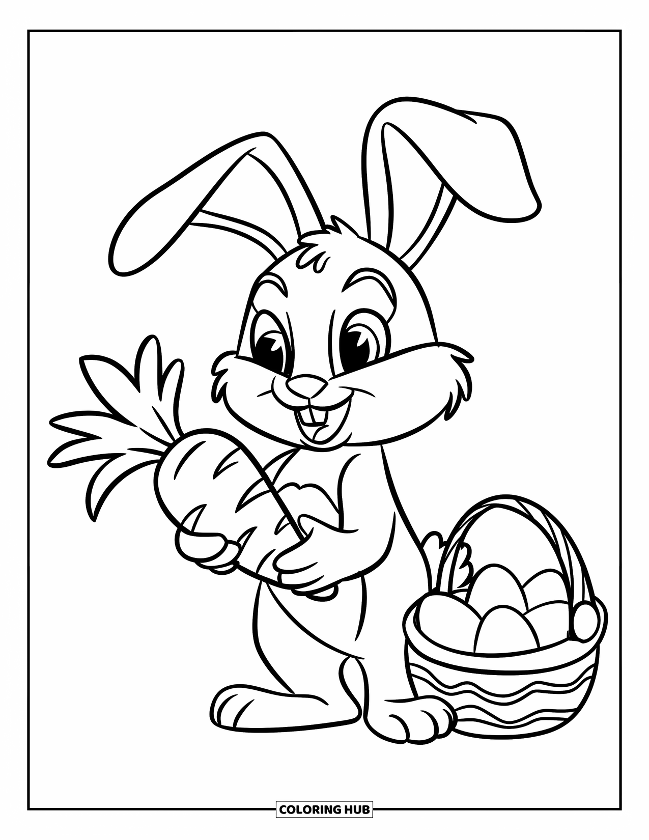 Desenho de Coelho da Páscoa para colorir para crianças: Um coelho feliz segura uma cenoura gigante ao lado de uma cesta cheia de ovos de Páscoa