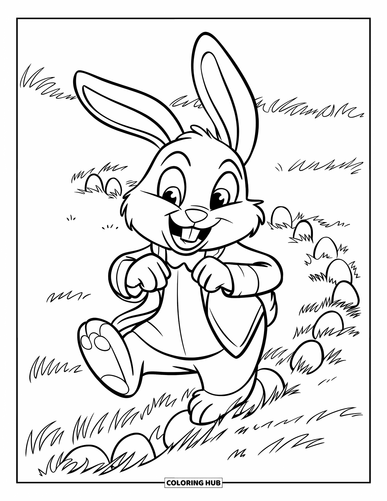 Desenho de Coelho da Páscoa para colorir para crianças: Um Coelho da Páscoa saltitante deixa um rastro de pequenos ovos enquanto usa um casaco e uma coleira