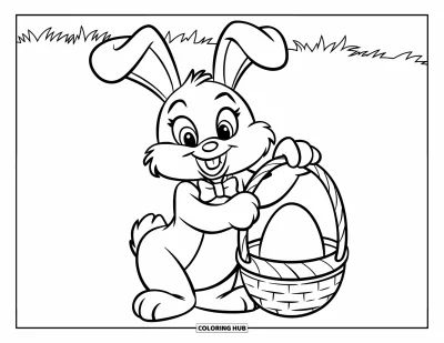 Coloriage de lapin de Pâques pour enfants : Un lapin au ventre rond avec un nœud papillon porte un panier avec un gros œuf dans un champ herbeux