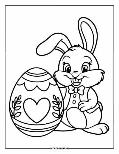 Coloriage de lapin de Pâques pour enfants : Un lapin rond aux oreilles courtes est assis près d’un grand œuf, portant un gilet et un nœud papillon