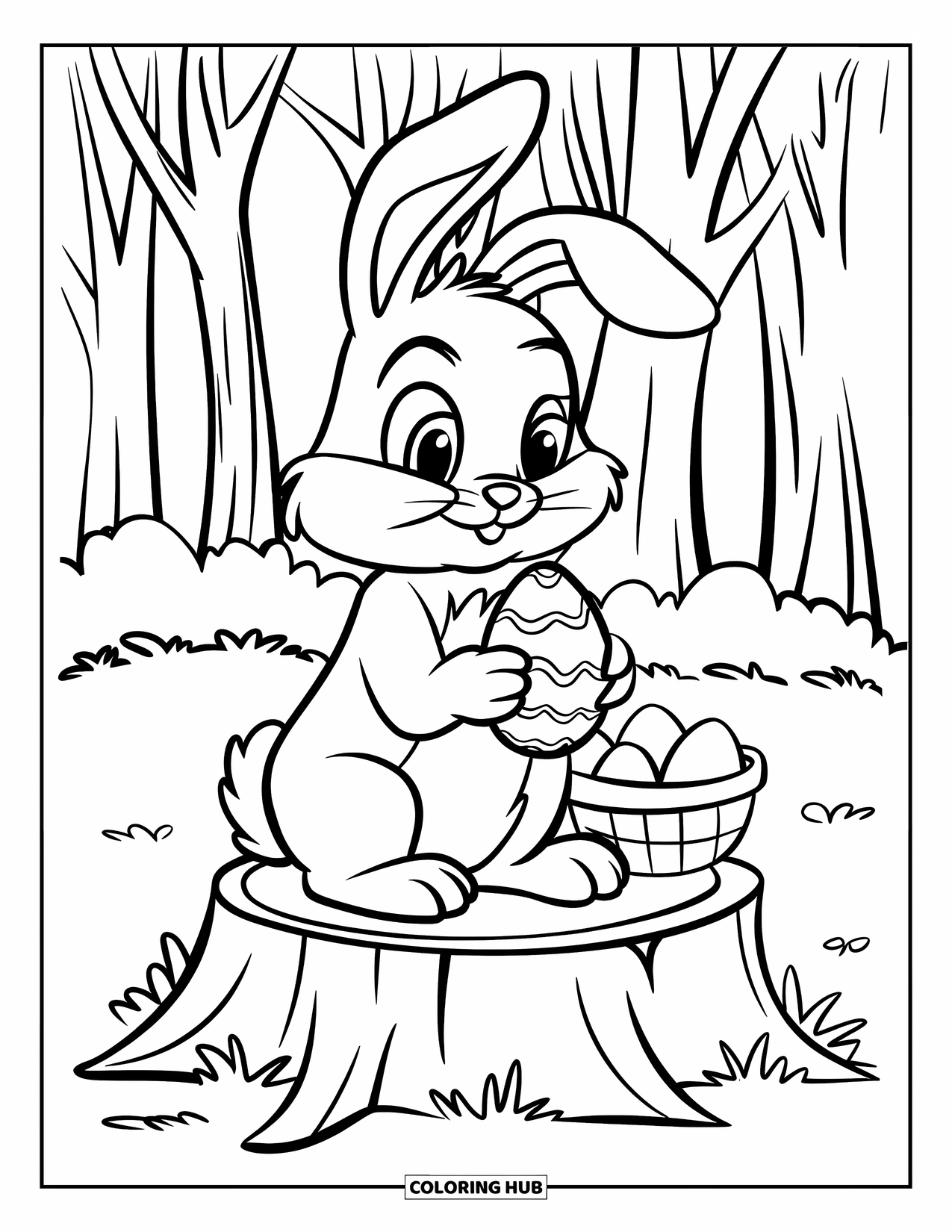 Desenho de Coelho da Páscoa para colorir para crianças: Um Coelho da Páscoa pensativo está sentado em um tronco de árvore, segurando um ovo com padrão espiral e uma cesta por perto