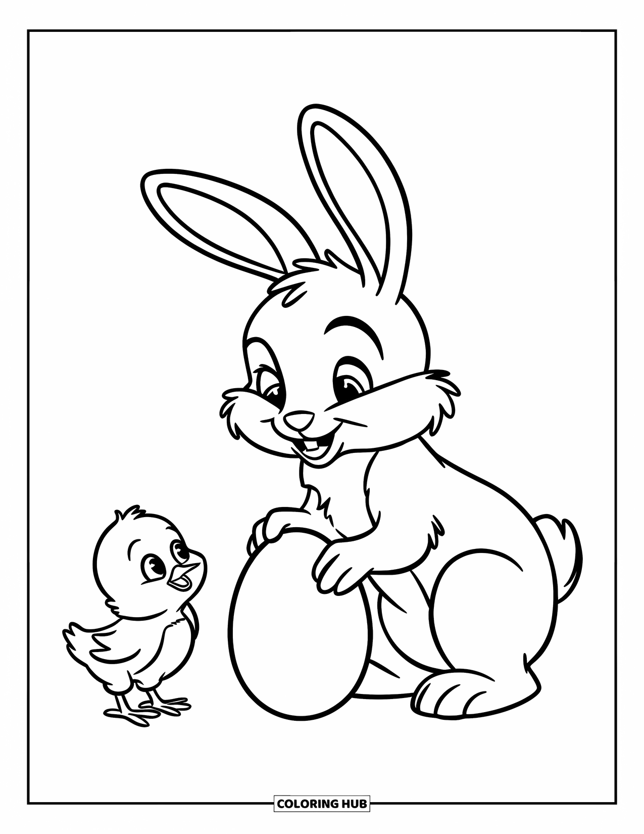 Desenho de Coelho da Páscoa para colorir para crianças: Um Coelho da Páscoa e um pequeno pintinho estão juntos, olhando curiosamente para um único ovo