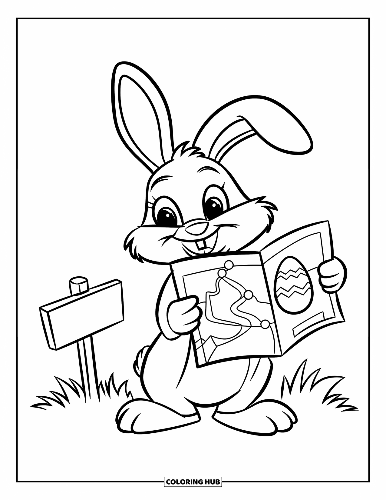 Desenho de Coelho da Páscoa para colorir para crianças: Um Coelho da Páscoa segura um mapa, seguindo uma trilha para um ovo escondido perto de uma pequena placa