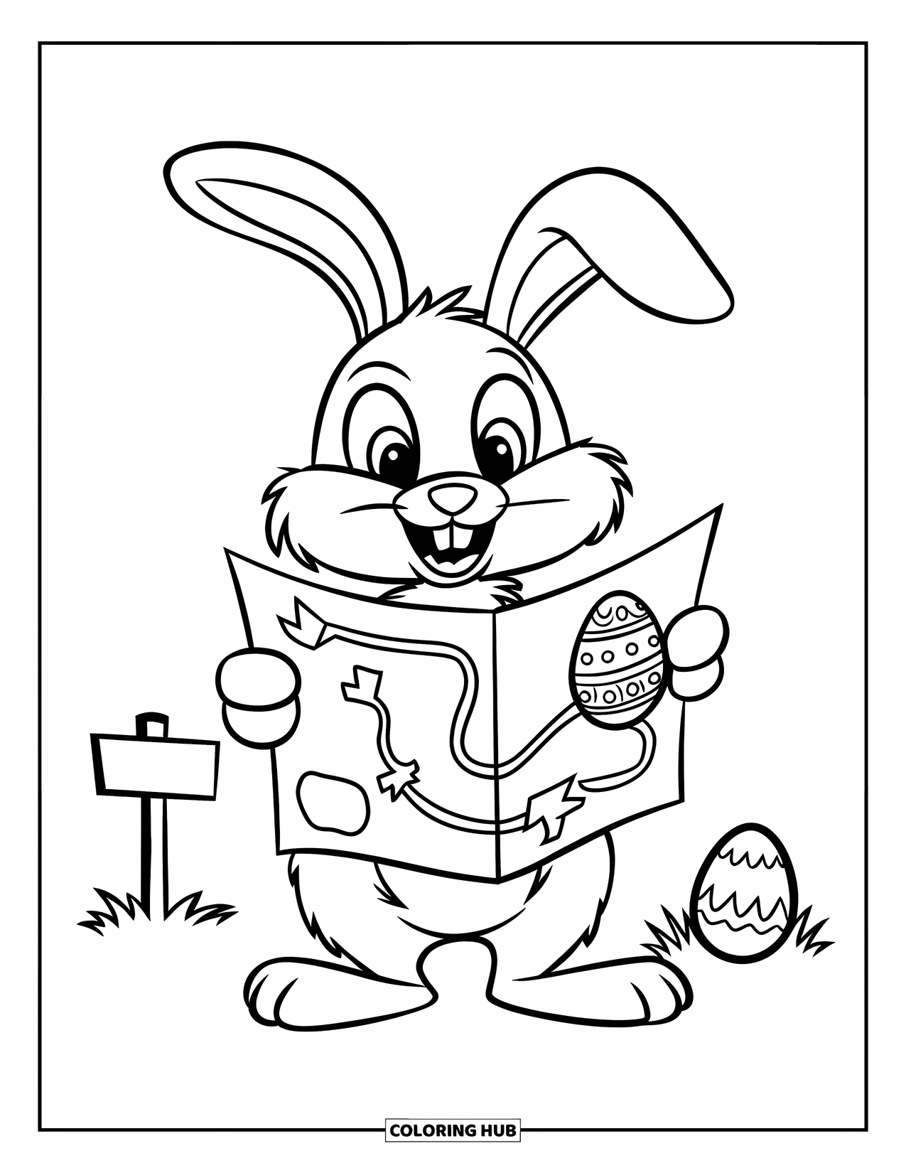 Desenho de Coelho da Páscoa para colorir para crianças: Um Coelho da Páscoa segura um mapa, seguindo uma trilha para um ovo escondido perto de uma pequena placa
