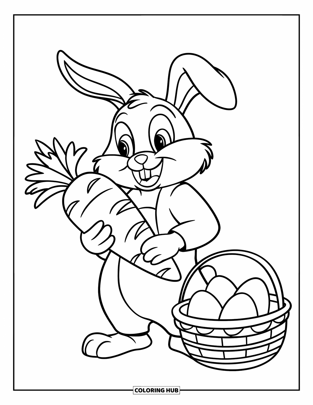 Desenho de Coelho da Páscoa para colorir para crianças: Um Coelho da Páscoa segura uma cenoura grande enquanto está ao lado de uma cesta de ovos