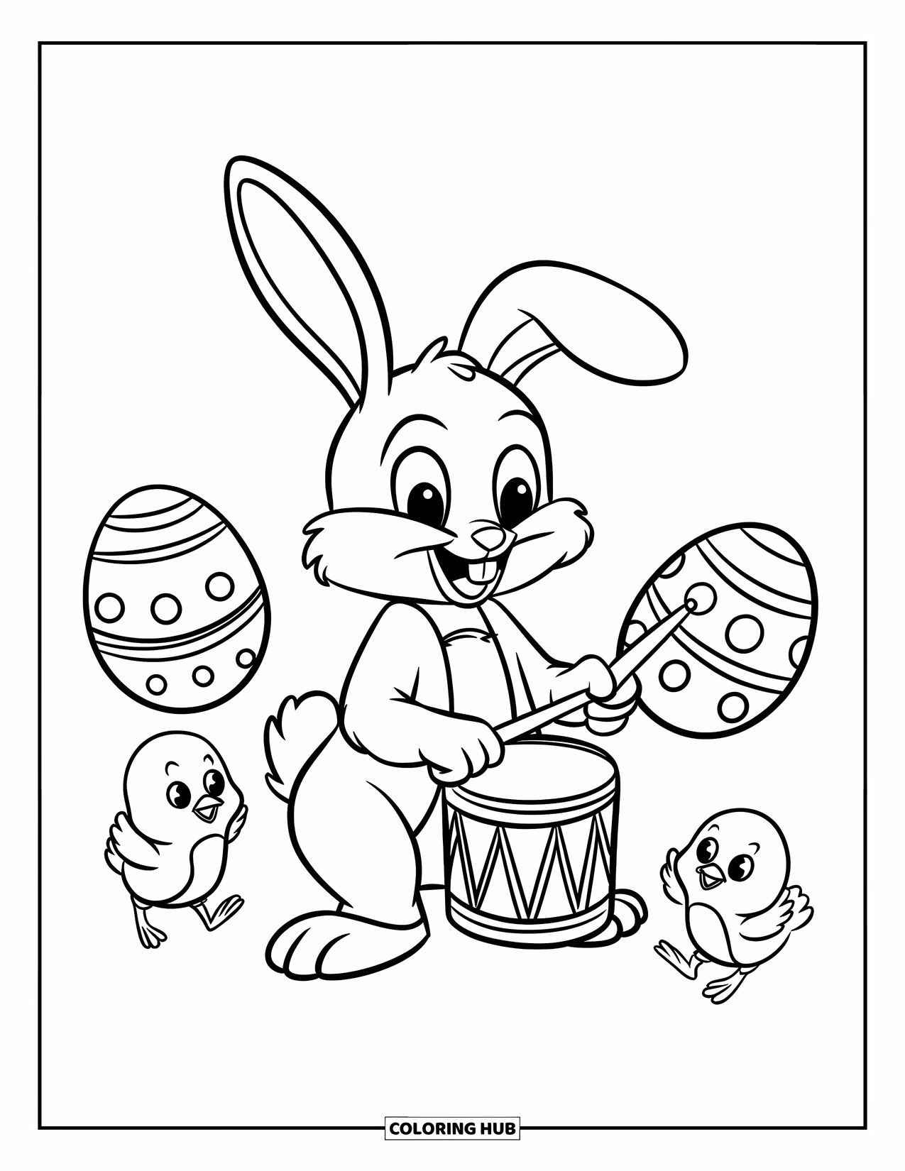 Desenho de Coelho da Páscoa para colorir para crianças: Um coelho da Páscoa toca um pequeno tambor enquanto dois pintinhos saltam ao redor rolando ovos