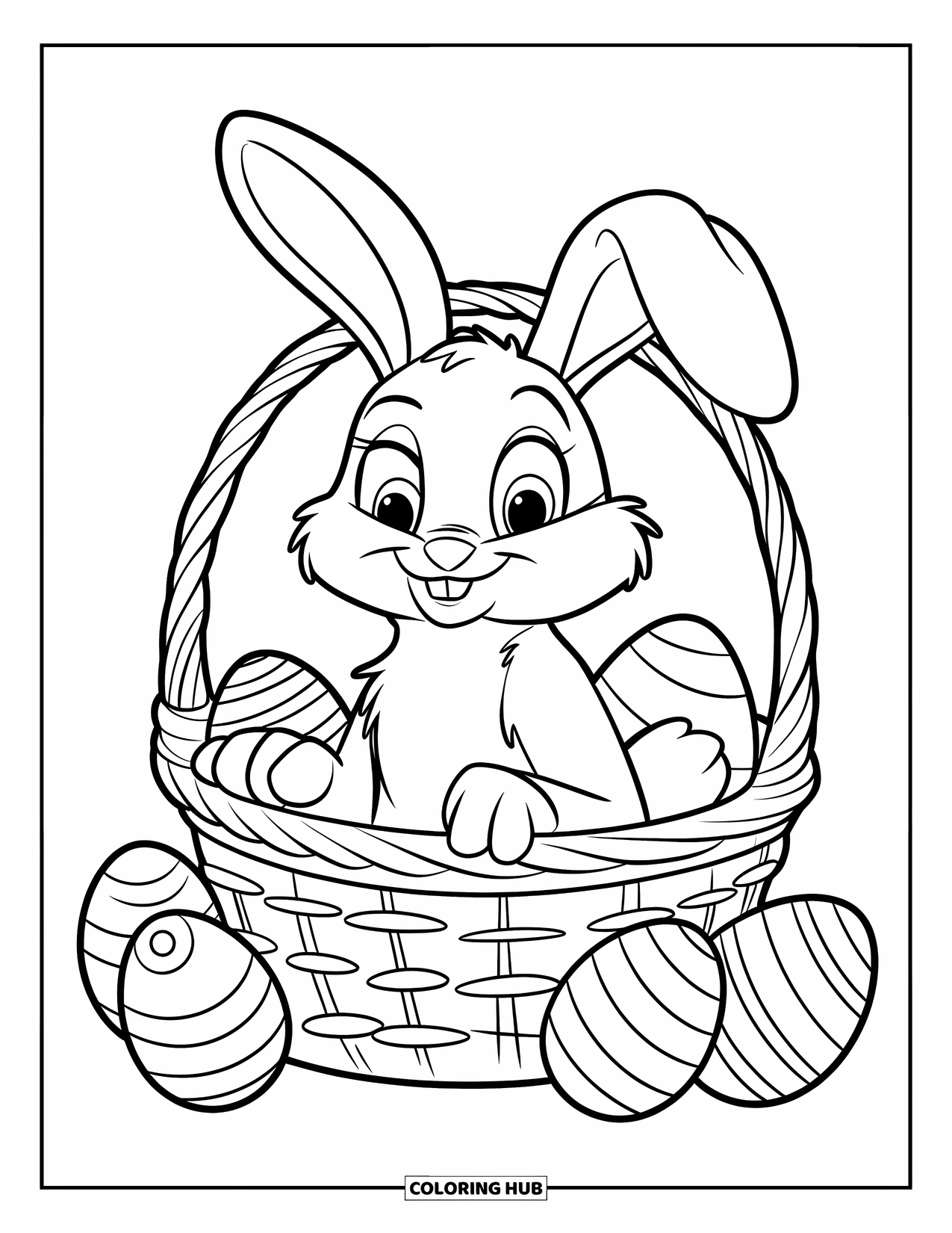 Desenho de Coelho da Páscoa para colorir para crianças: Um Coelho da Páscoa está sentado dentro de uma cesta com uma expressão curiosa, cercado por alguns ovos