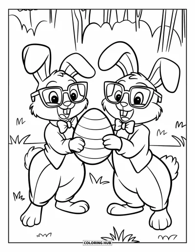Coloriage de lapin de Pâques pour enfants : Deux lapins avec des lunettes se tiennent dans un champ herbeux, ajustant un nœud papillon et tenant un œuf précieux