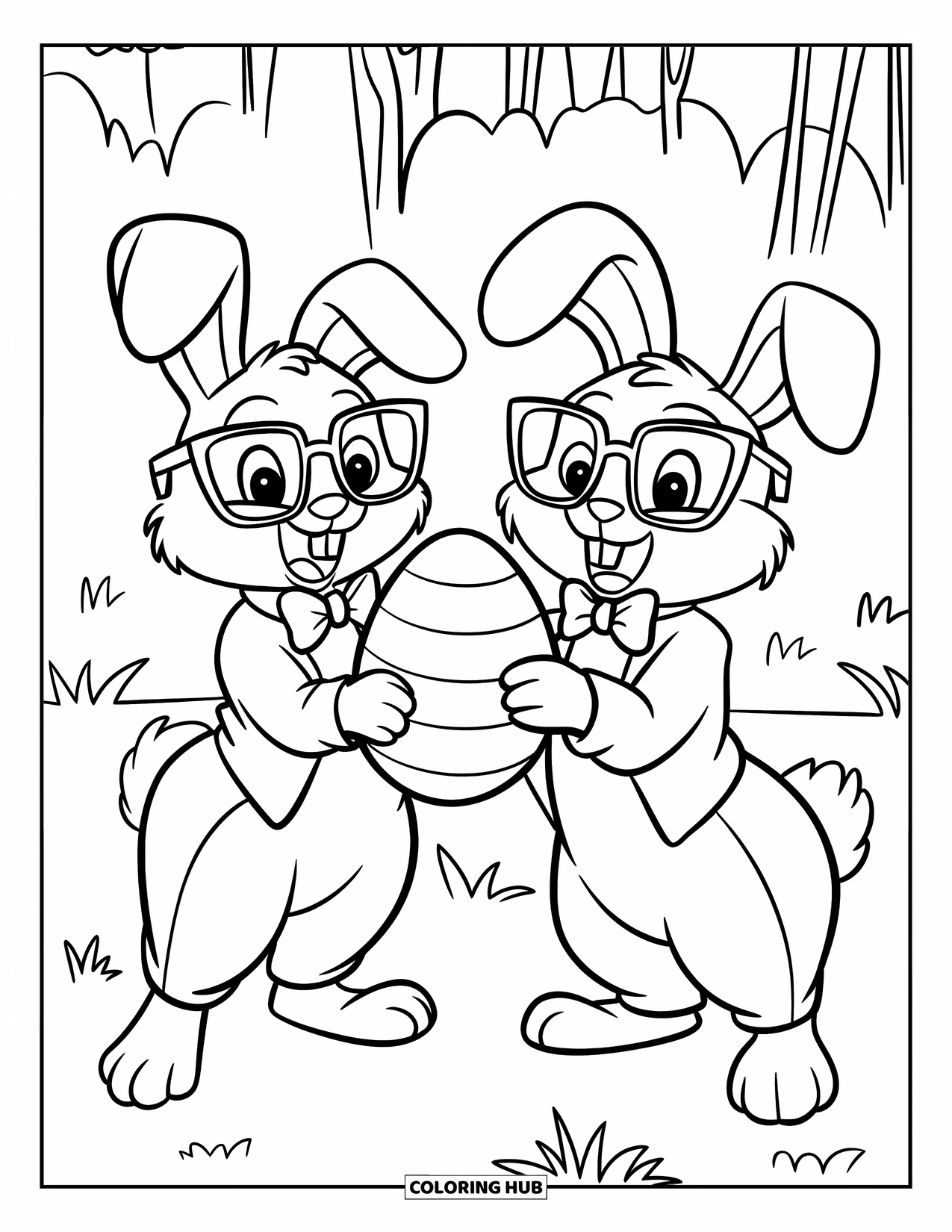 Desenho de Coelho da Páscoa para colorir para crianças: Dois coelhos de óculos estão em pé em um campo gramado, ajustando uma gravata borboleta e segurando um ovo valioso