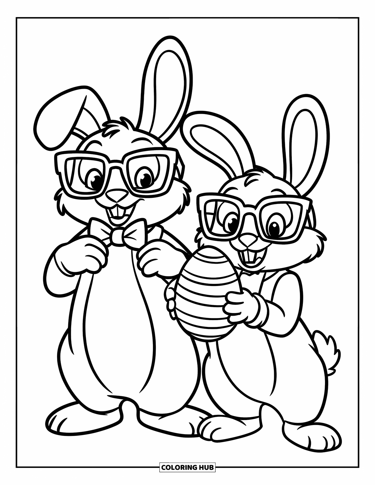 Desenho de Coelho da Páscoa para colorir para crianças: Dois coelhos estilosos de óculos posam com confiança, um ajustando uma gravata borboleta e o outro segurando um ovo
