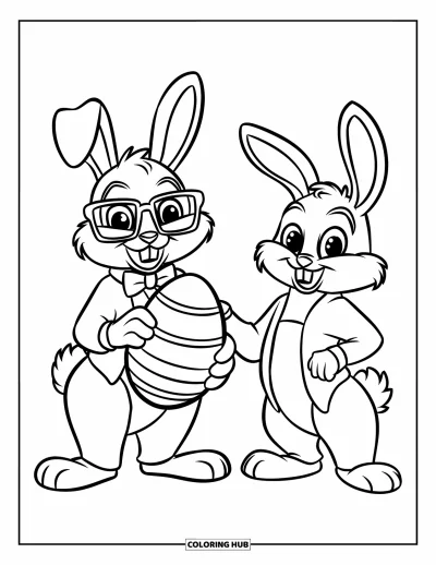 Coloriage de lapin de Pâques pour enfants : Deux lapins élégants se tiennent côte à côte, l’un ajustant son nœud papillon tandis que l’autre tient un œuf décoré