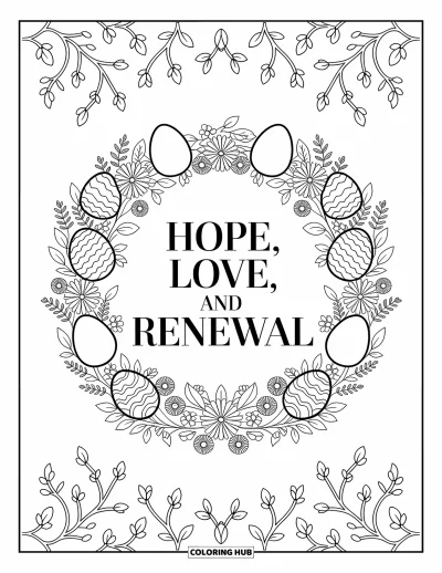 Velikonoční omalovánka pro dospělé: Ozdobný design s nápisem "Hope, Love, and Renewal" zarámovaný propracovanými květinami, úponky a velikonočními vajíčky