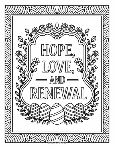 Velikonoční omalovánka pro dospělé: Ozdobný rám s nápisem "Hope, Love, and Renewal" obklopený propracovanými květinovými prvky a velikonočními vajíčky
