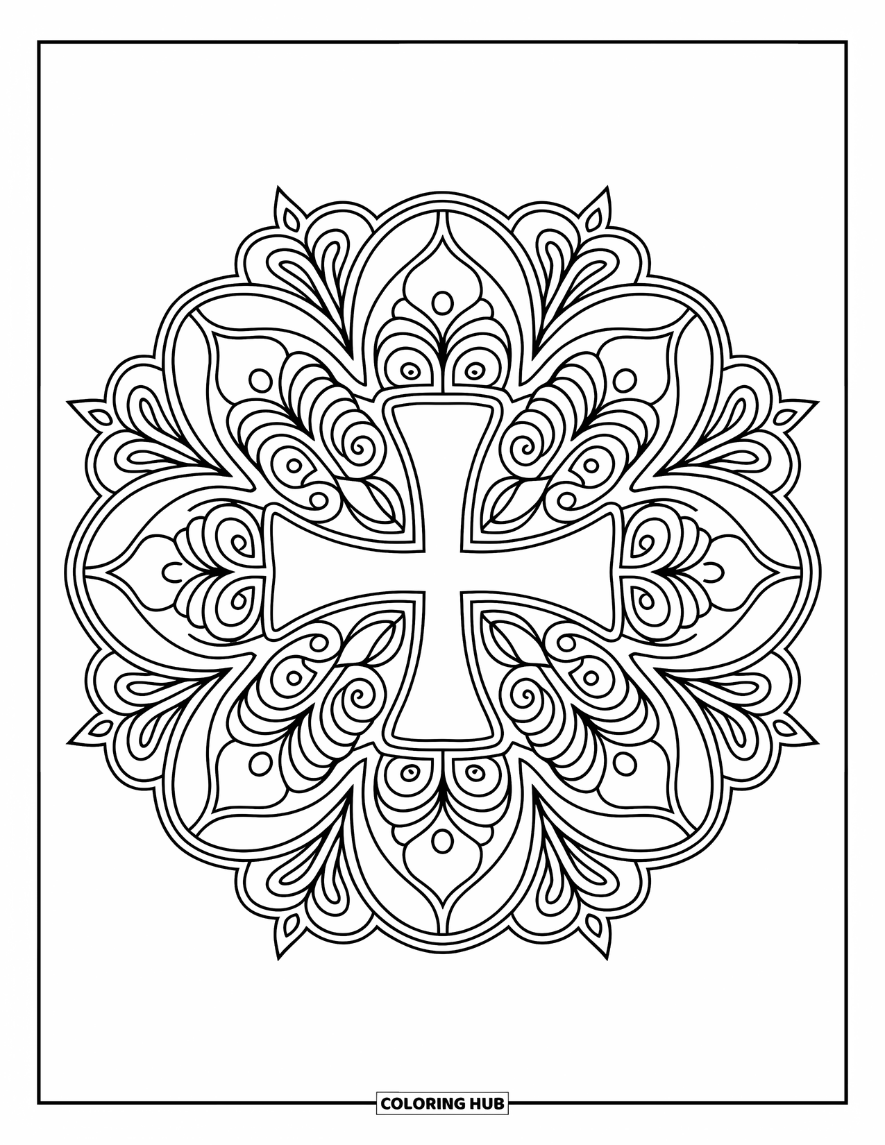 Kolorowanka Wielkanocna dla dorosłych: Dekoracyjna mandala z krzyżem wielkanocnym w centrum, otoczona skomplikowanymi detalami kwiatowymi i geometrycznymi