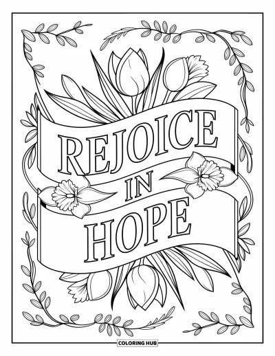 Velikonoční omalovánka pro dospělé: Detailní velikonoční banner s nápisem "Rejoice in Hope" zarámovaný kvetoucími květinami a vírivými úponky