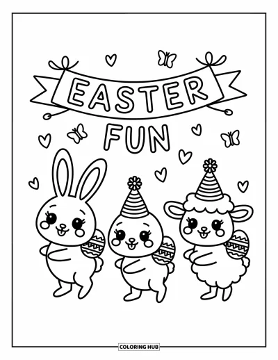 Velikonoční omalovánka pro dospělé: Radostný velikonoční průvod se zajíčkem, kuřátkem a beránkem pochodujícími pod fantaskním bannerem "Easter Fun"
