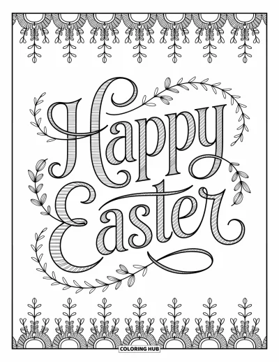 Velikonoční omalovánka pro dospělé: Umělecký nápis "Happy Easter" s květinovými ozdobami, zarámovaný propracovanými vírivými okraji