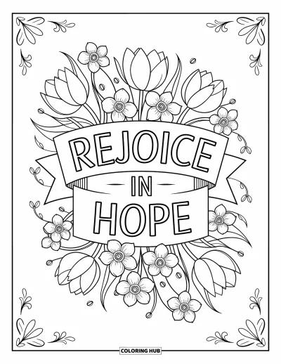 Velikonoční omalovánka pro dospělé: Velikonoční banner s nápisem "Rejoice in Hope" zarámovaný detailními květinami a vírivými ozdobnými úponky